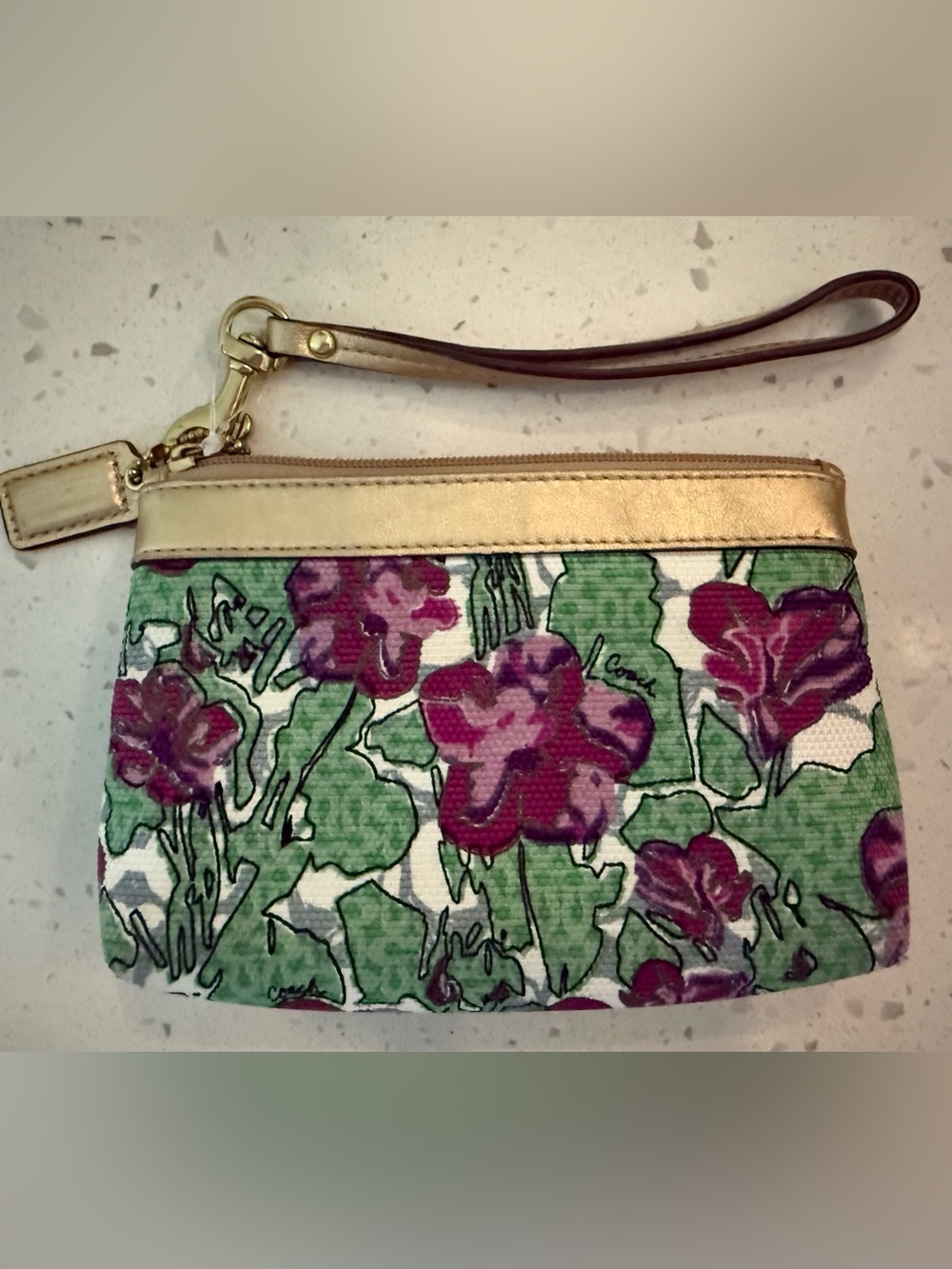 Coach Ashley Iris Floral Wristlet Gold Leather Trim NWOT - Picture 2 of 8